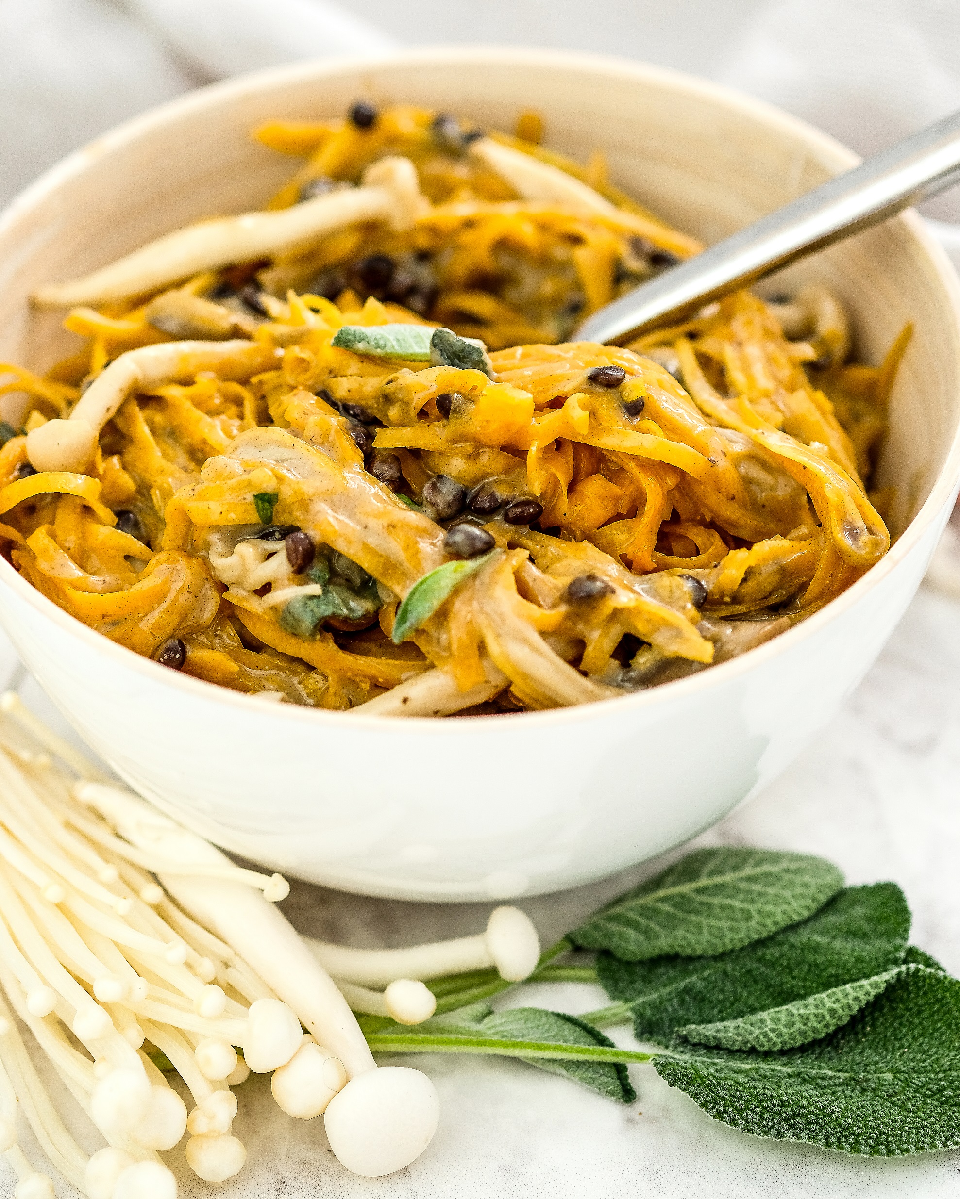 Vegan Butternut Squash Noodles with Creamy Tahini Garlic Mushrooms | Raw Vibrant Living