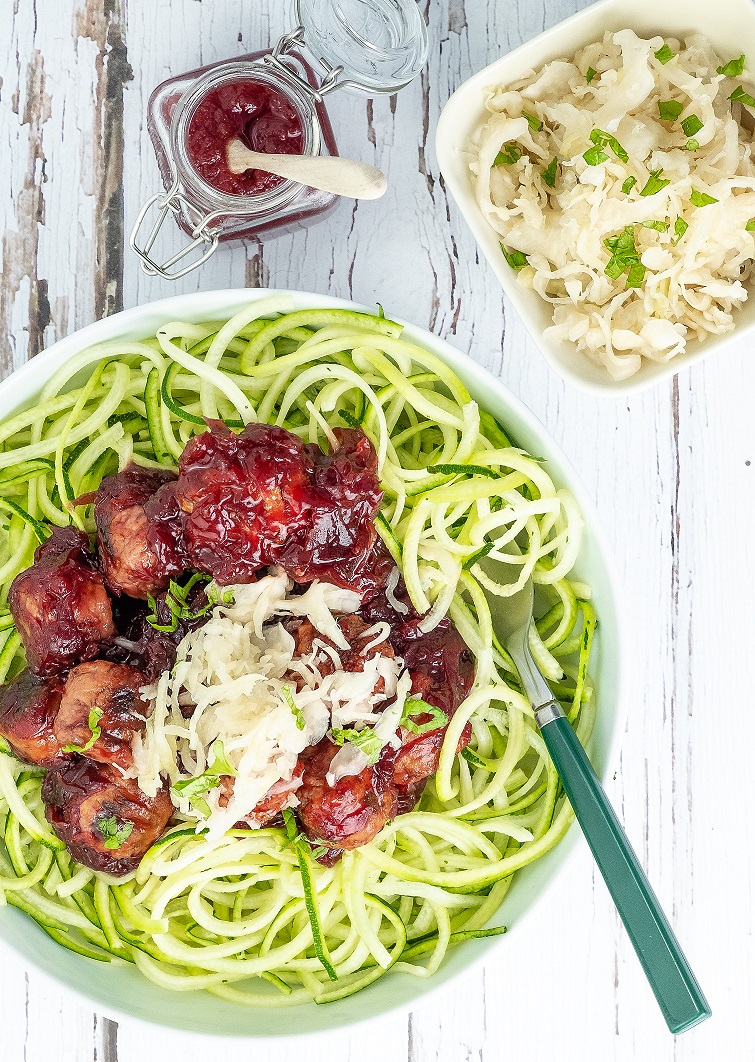 Cranberry Sauerkraut Meatballs & Courgetti | Raw Vibrant Living