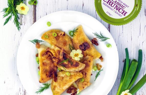 Vegan Sauerkraut Pierogi with Coconut Bacon image