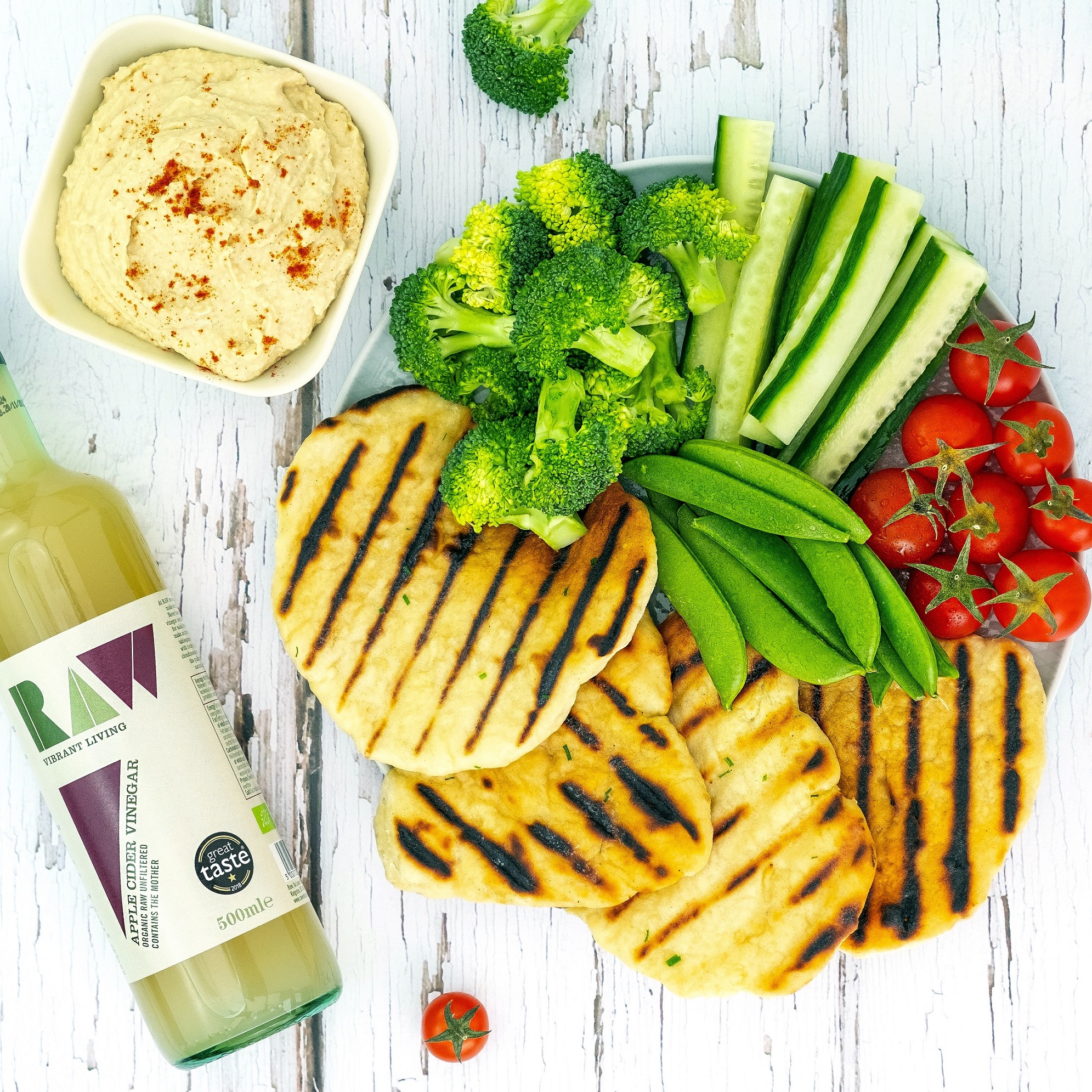Homemade Flatbread and Crudite Platter with ACV Houmous | Raw Vibrant Living
