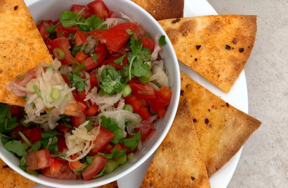 CORN TORTILLA CHIPS WITH SALSA AND SAUERKRAUT image